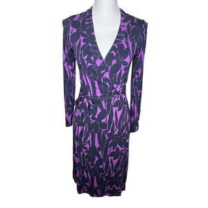 Boden Purple Black Floral Jersey Wrap Dress Classic Womens 6